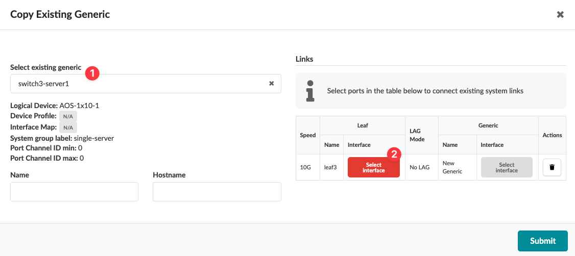 User interface for copying a generic network configuration, including dropdown to select an existing configuration, device details, link port table, and submit button for confirmation.