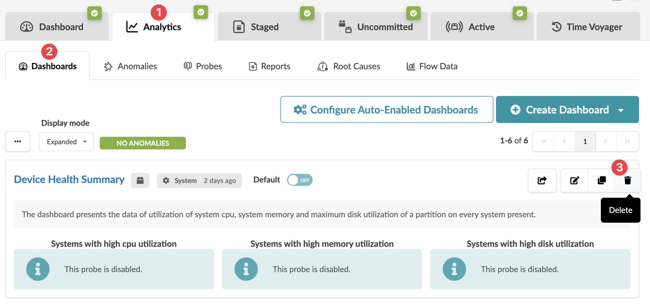 Dashboard interface showing Device Health Summary with tabs for Analytics, Staged, Uncommitted. CPU, memory, disk utilization data.