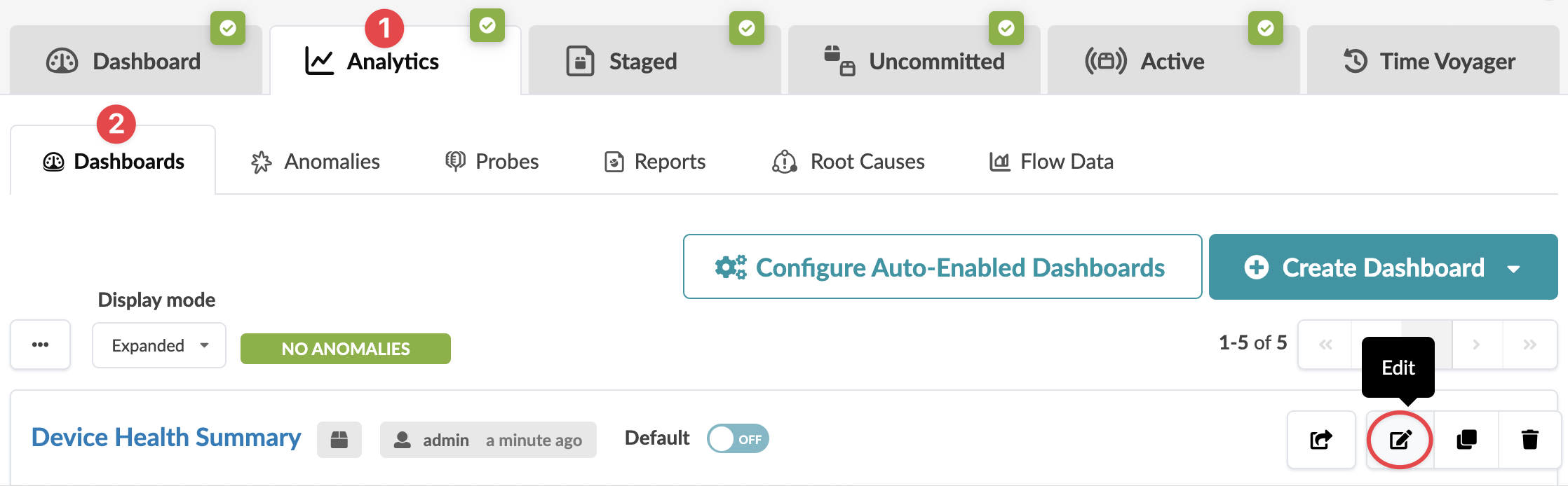 Dashboard management interface with tabs Dashboard Analytics Staged Uncommitted Active Time Voyager. Options include Dashboards Anomalies Probes Reports Root Causes Flow Data. Features auto-enabled dashboard configuration creation and editing. Device Health Summary shows no anomalies. Display mode is Expanded.