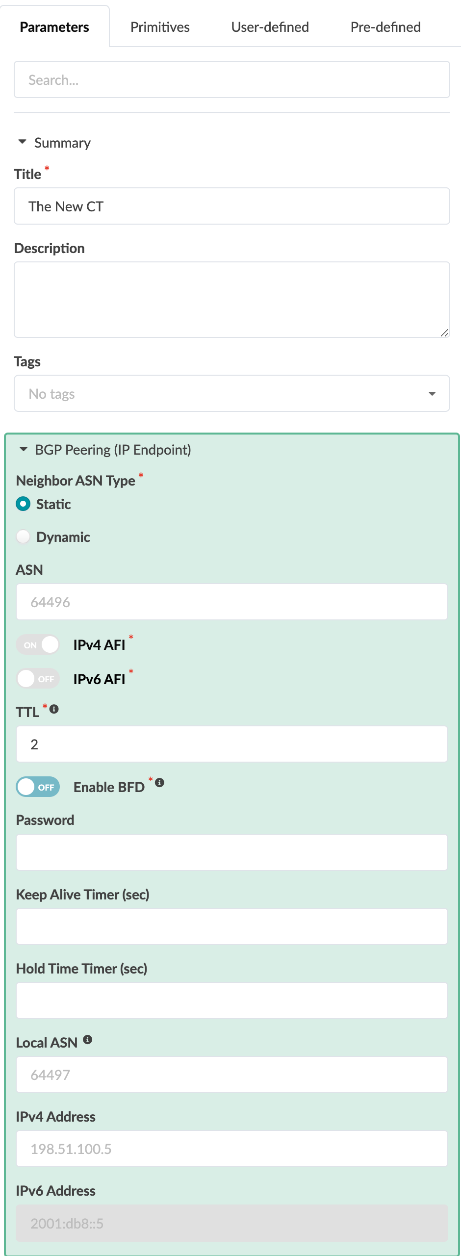 Configuration interface for BGP peering setup with fields for Neighbor ASN Type set to Static, ASN 64496, TTL 2, Local ASN 64497, IPv4 Address 198.51.100.5, and IPv6 Address 2001:db8::5.