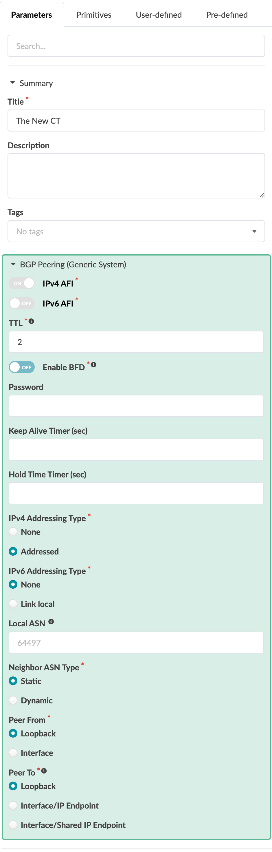 Configuration interface for BGP peering setup with fields for title, description, tags, IPv4/IPv6 options, TTL set to 2, BFD disabled, password, timers, addressing types, local ASN set to 64497, static neighbor ASN, and loopback peering.