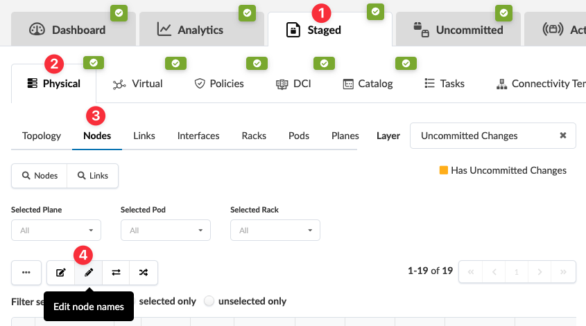 User interface screenshot of a network management tool with tabs for Dashboard, Analytics, Staged, Uncommitted, and Active. Features include toggles for physical and virtual management, node options for topology and editing names, and filters for planes, pods, and racks.
