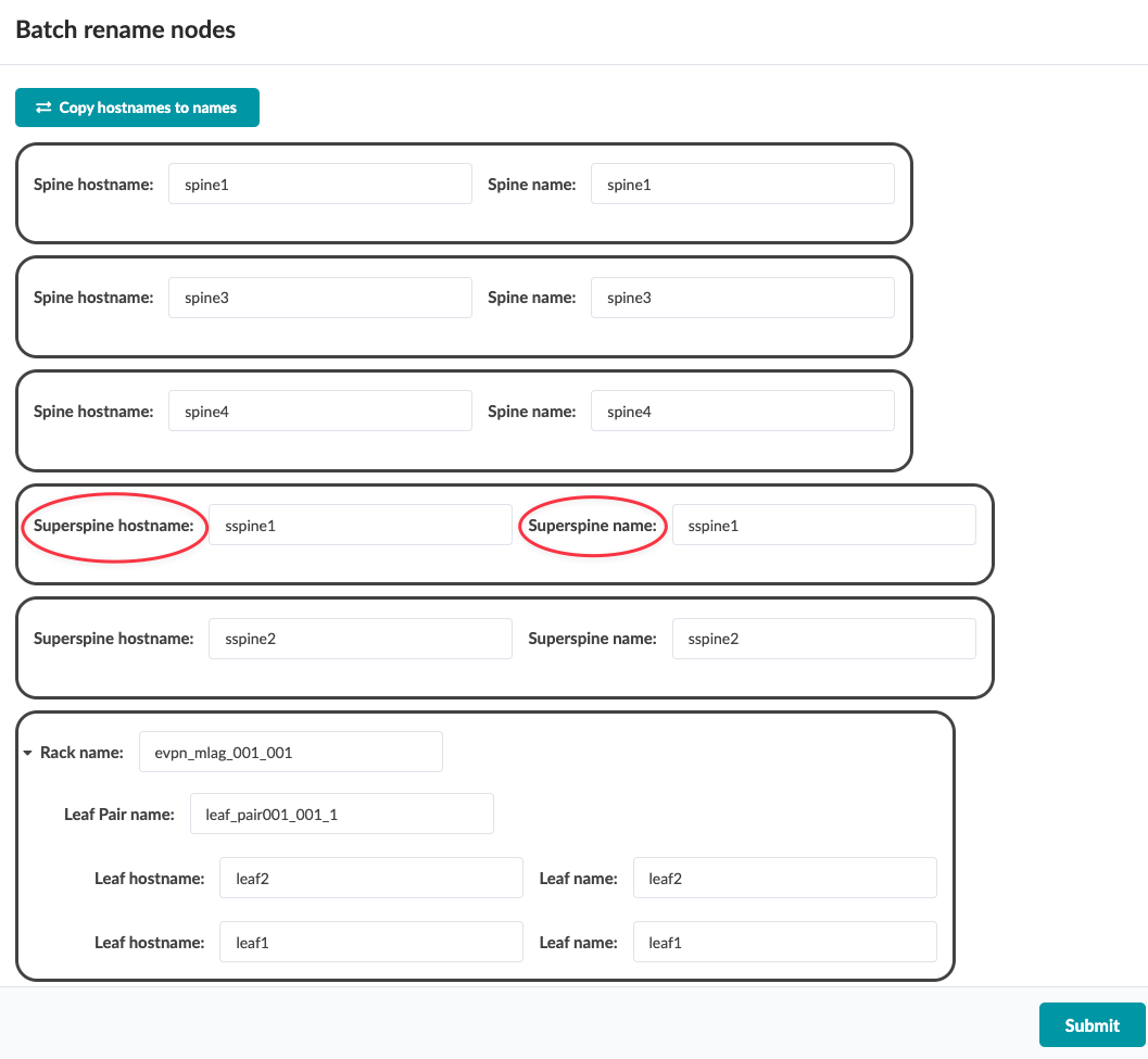 User interface for batch renaming network nodes with fields for spine, superspine, and rack configurations. Red circles highlight superspine hostname and name fields. Includes buttons for copying hostnames to names and submitting changes.
