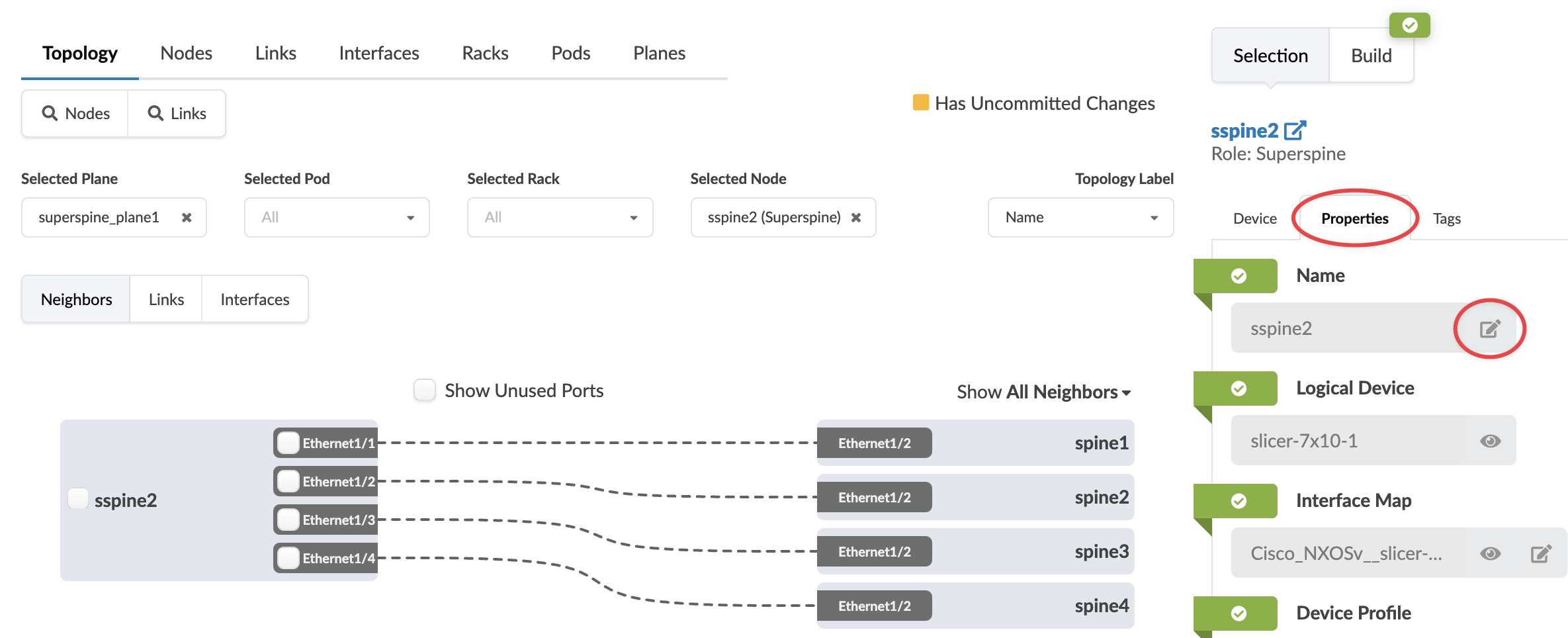 Network topology interface showing selected node sspine2 connected to spine1, spine2, spine3, and spine4 via Ethernet ports. Properties panel displays node name, logical device slicer-7x10-1, interface mapping Cisco_NXOSv__slicer, and device profile. Dashed lines represent connections. Filters include plane, pod, rack, and node options. Yellow indicator shows uncommitted changes.