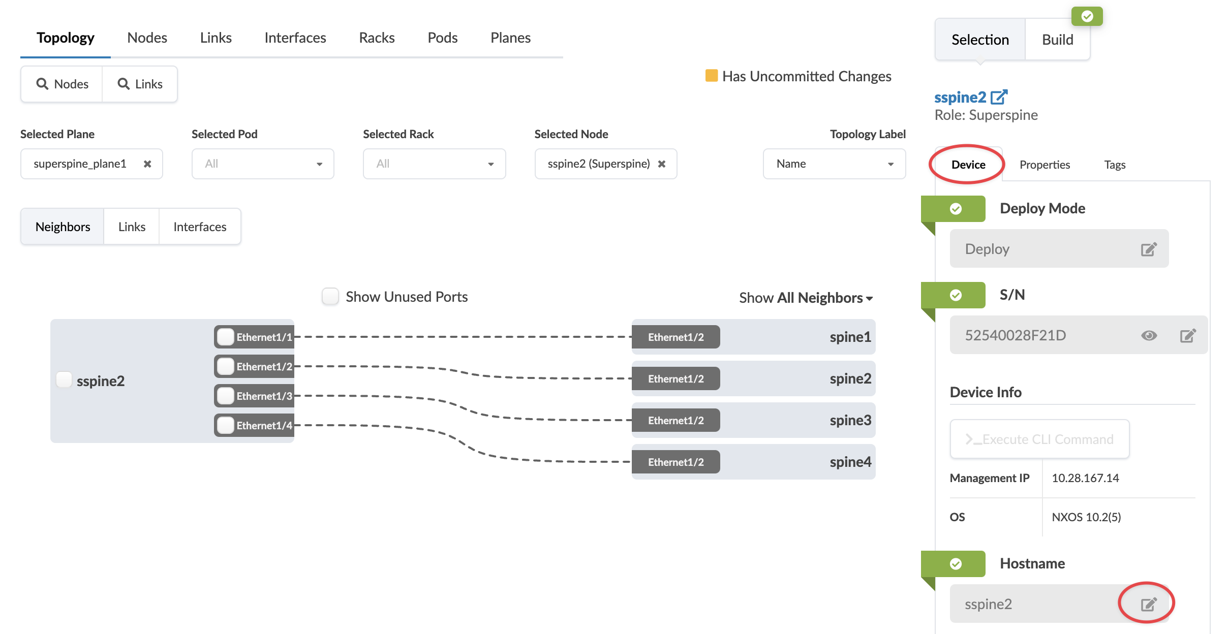 Network management interface showing topology with node sspine2 as Superspine connected to spine nodes. Device tab details sspine2 Management IP 10.28.167.14 OS version NXOS 10.2.5 with uncommitted changes.