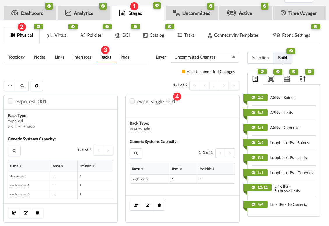Network management interface showing Staged environment with details of physical racks evpn_esi_001 and evpn_single_001. Uncommitted changes layer filter is active.