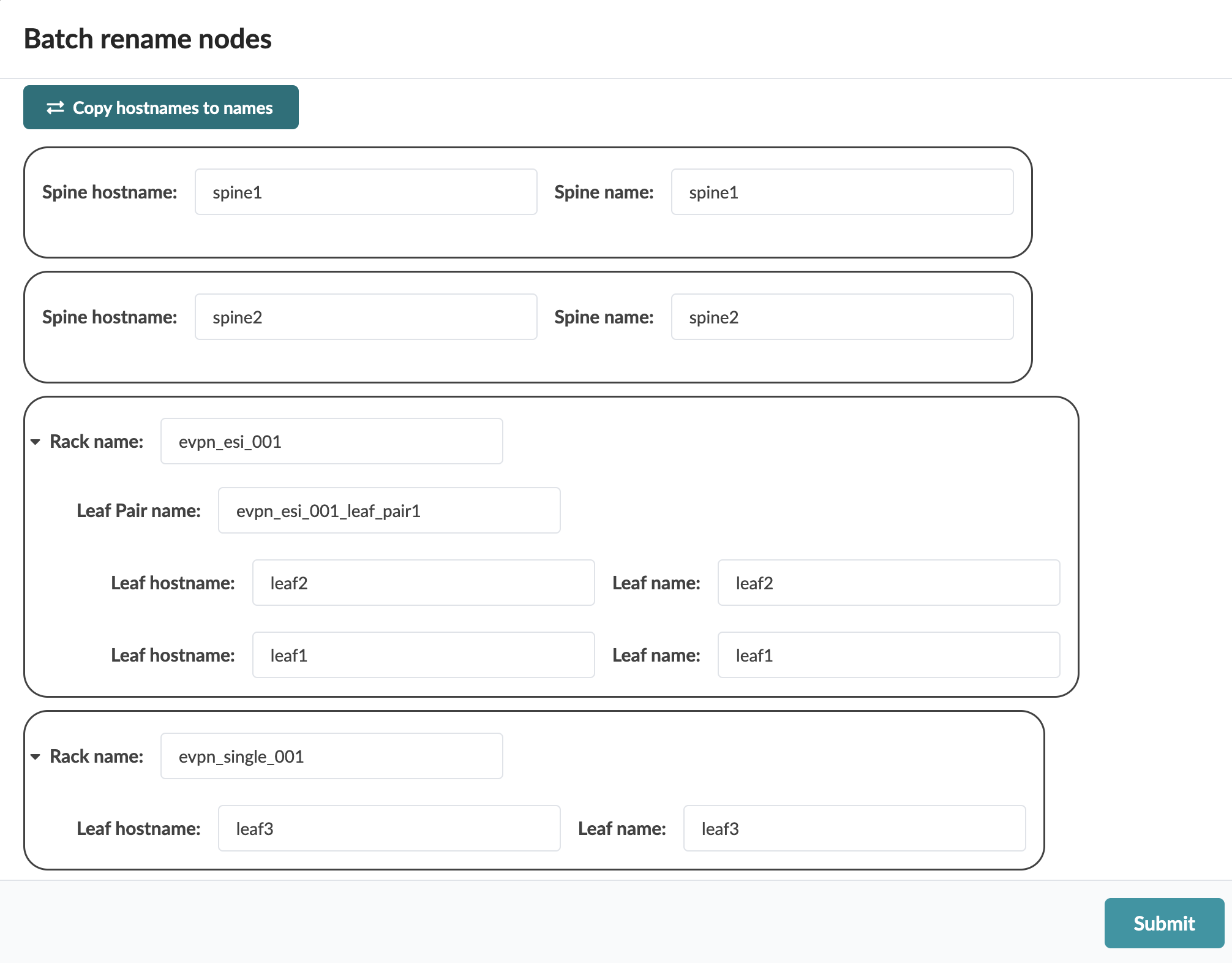 Batch renaming interface for network nodes with fields to edit hostnames and names for spines and racks. Includes Copy hostnames to names and Submit buttons.