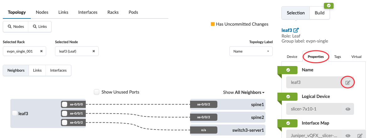 Network topology interface with leaf3 node selected, showing connections to spine1, spine2, and switch3-server1. Options for unused ports and neighbors are available. Properties panel displays details for leaf3 including name, logical device, and interface map.