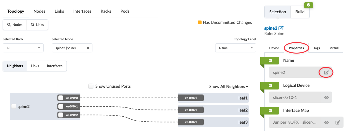 Network topology interface showing spine2 device connected to leaf1, leaf2, and leaf3 via ports xe-0/0/0. Properties panel displays spine2 details, including name, logical device, and interface map with options to edit and view more details.