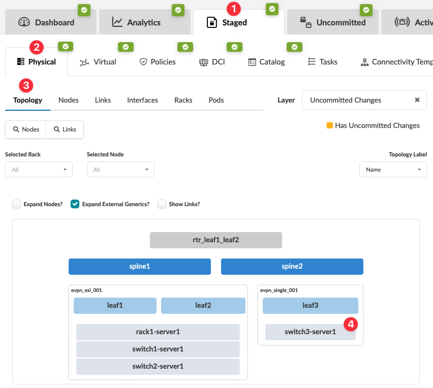 Network topology interface showing staged changes, physical tab selected, topology view with two spine nodes, three leaf nodes, connected devices, and options for filters and actions.
