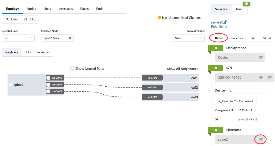 Network topology interface showing spine2 node connected to leaf1, leaf2, and leaf3. Device details for spine2 include deploy mode, serial number, management IP, OS version, and hostname. Uncommitted changes indicator is present. Navigation tabs allow switching between views.