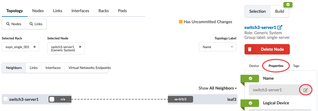 Network topology interface showing tabs for managing components, selected rack evpn_single_001, node switch3-server1 with role Generic System linked to leaf3 via xe-0/0/2, properties panel, uncommitted changes indicator, and actions like delete and build.