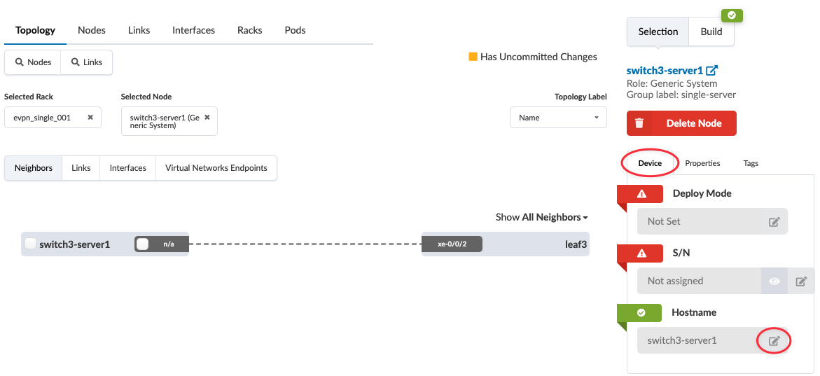 Network topology interface showing selected node switch3-server1 with role Generic System, connected to leaf3 via xe-0/0/2. Uncommitted changes noted.