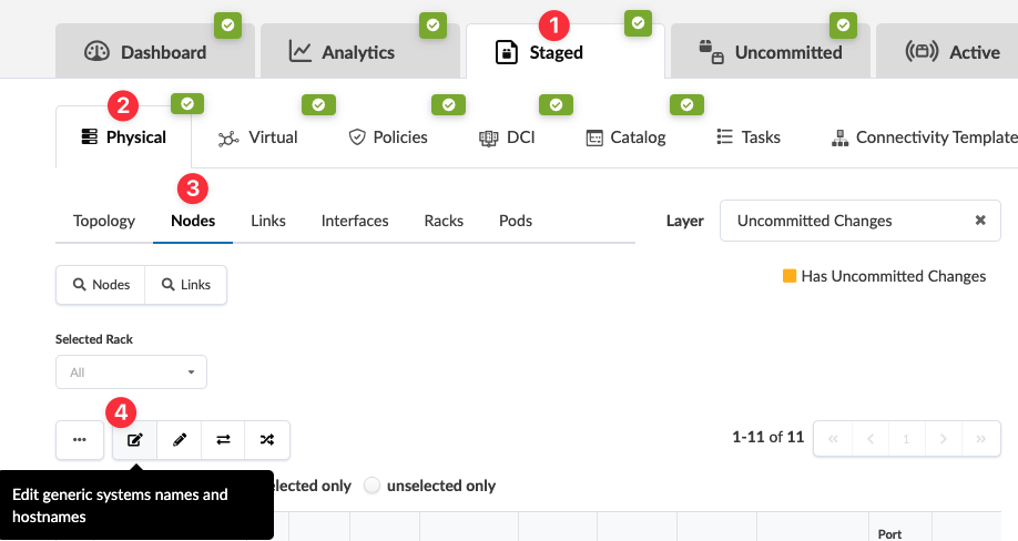 User interface screenshot of a network management tool with tabs for Dashboard, Analytics, and Nodes under Physical. Nodes tab is selected. Nodes table shows 11 items with an edit tooltip.