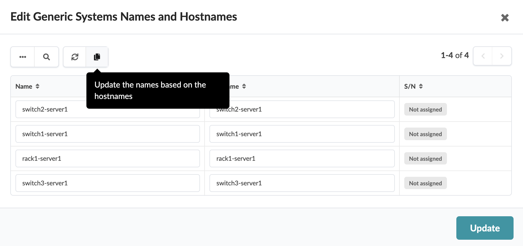 User interface for editing system names and hostnames with a table listing names and hostnames, S/N as Not assigned. Tooltip: Update names based on hostnames. Update button displayed.