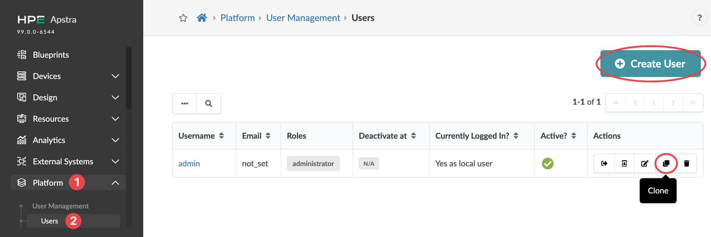 User management interface from HPE Apstra platform showing a sidebar menu with Platform and User Management selected, a table with user details like Username, Email, Roles, and Actions, and a Create User button circled in red.