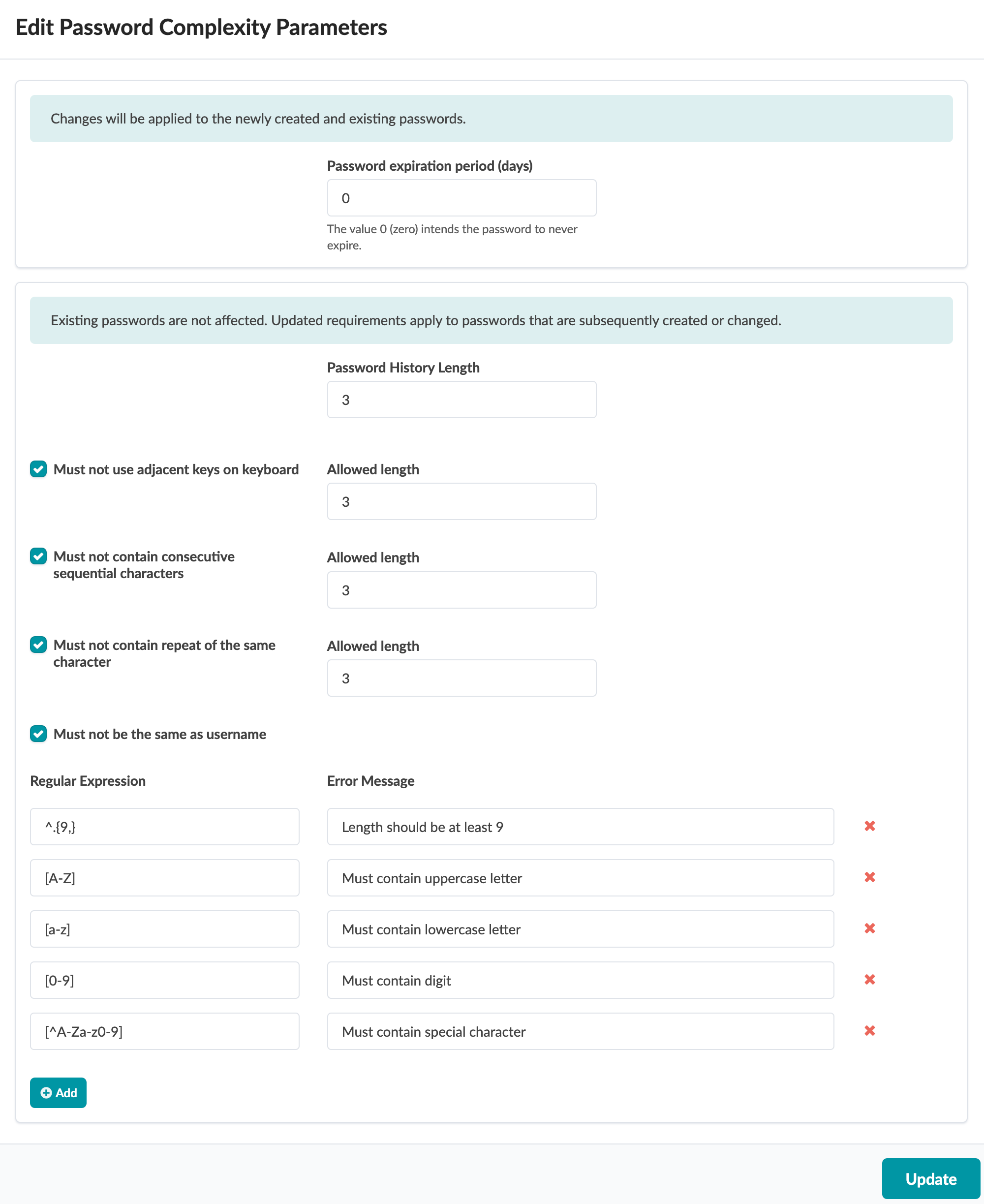 User interface for editing password complexity parameters, including expiration period, history length, complexity rules, regular expressions, and buttons for adding or updating settings.