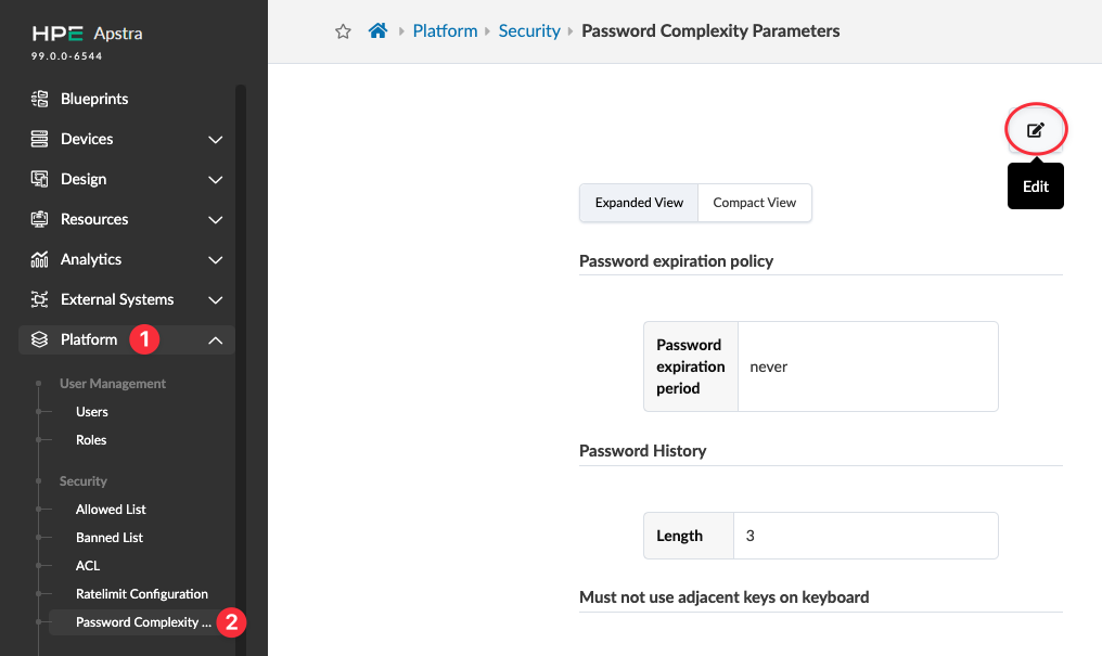 Juniper Apstra interface for managing password complexity with settings for password expiration, history, and adjacent key rule.