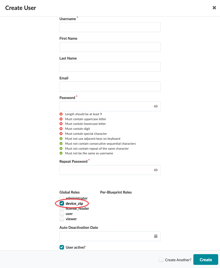 Create User form with fields for Username, First Name, Last Name, Email, Password with requirements, Repeat Password, Global Roles, Per-Blueprint Roles, Auto Deactivation Date, User active checkbox, and Create button.