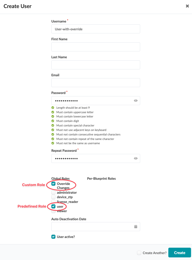 Create User form interface with fields for username, first name, last name, email, and password. Password requirements include length, uppercase, lowercase, digits, and special characters. Options for global roles: custom role Override Changes and predefined role user. Checkbox for User active and button to create the user.