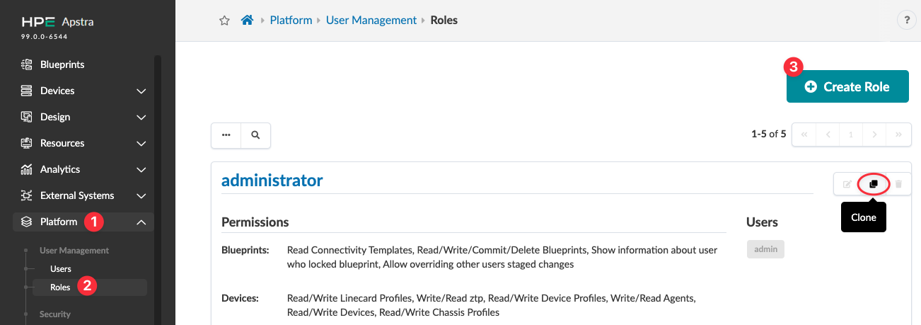 HPE Apstra Roles section under User Management showing administrator role with associated permissions and admin user, plus options to create, clone, or delete roles.