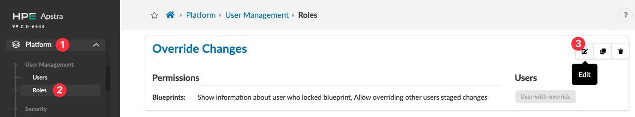 Roles section in HPE Apstra user management interface showing Override Changes role details, associated permissions, users, and edit options.