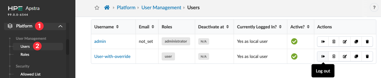 User Management section in Juniper Apstra showing a table of users with details like username, email, roles, and actions.