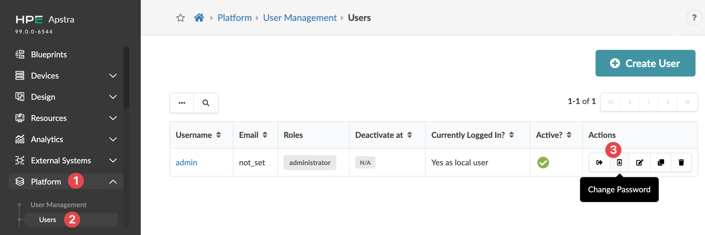 User management interface in HPE Apstra showing a sidebar menu with Platform and User Management selected, a table listing user admin with role administrator and status Active, and a Create User button.