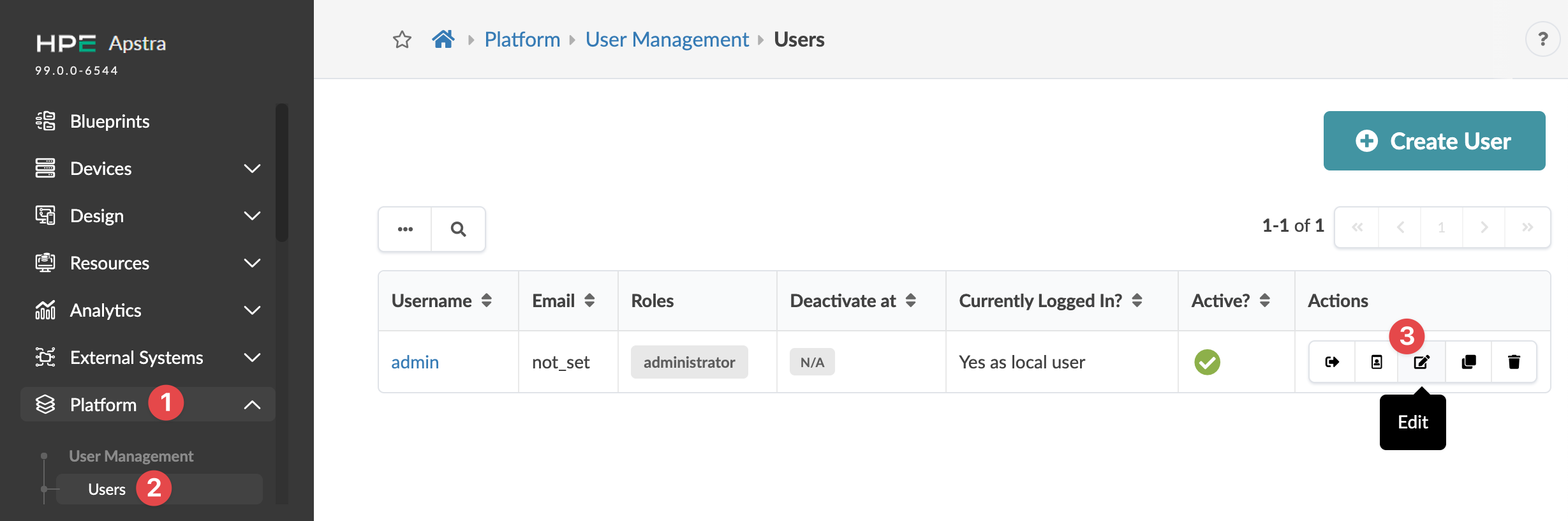 Juniper Apstra User Management interface showing user admin with email not_set and roles administrator. User is active and logged in locally.