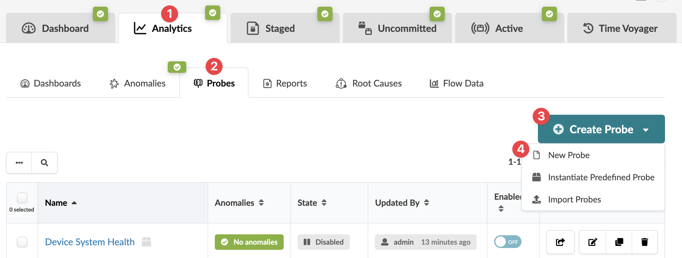 User interface showing navigation tabs like Dashboard, Analytics, Staged, Uncommitted, Active, and Time Voyager, submenu options such as Dashboards, Anomalies, Probes, Reports, Root Causes, and Flow Data, a Create Probe dropdown with New Probe, Instantiate Predefined Probe, and Import Probes, and a table displaying probe details including Name, Anomalies, State, Updated By, and Enabled.
