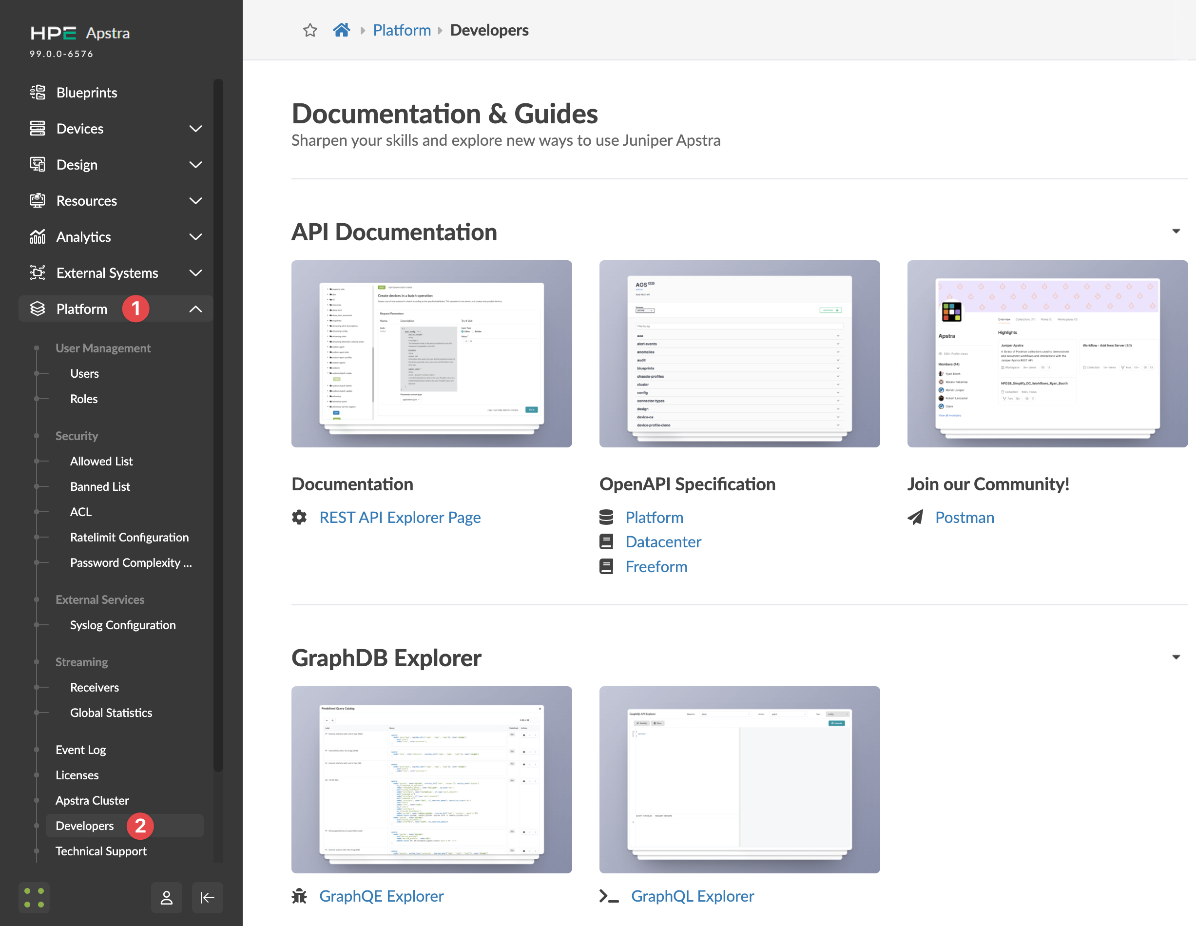 Screenshot of Juniper Apstra Developers section with resources like API documentation and GraphDB Explorer link.