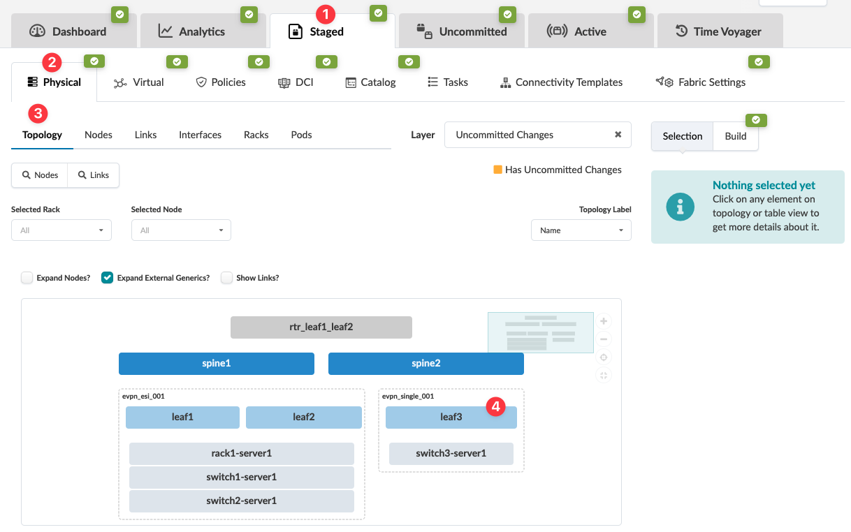 Network management interface showing physical topology with nodes like spine1, spine2, leaf nodes, and connected devices. Uncommitted changes are filtered, and a details panel prompts user interaction for more information.