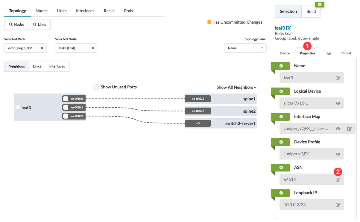 Network topology interface showing node leaf3 with connections to spine1, spine2, and switch3-server1. Leaf3 details: Logical Device slicer-7x10-1, Device Profile Juniper vQFX, ASN 64514, Loopback IP 10.0.0.2/32. Uncommitted changes indicated.