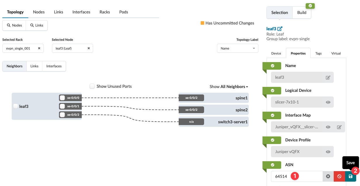 Network topology interface showing node leaf3 in rack evpn_single_001 connected to spine1, spine2, and switch3-server1 with uncommitted changes.