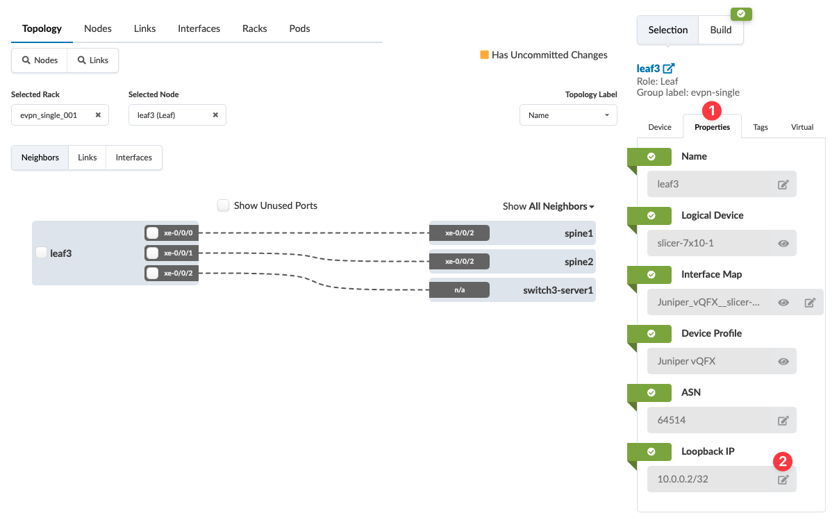 Network topology interface showing node leaf3 in evpn_single_001 rack with interfaces xe-0/0/0 to spine1, xe-0/0/1 to spine2, and xe-0/0/2 to switch3-server1. Node properties: Name leaf3; Logical Device slicer-7x10-1; Interface Map Juniper_vQFX_slicer; Device Profile Juniper vQFX; ASN 64514; Loopback IP 10.0.0.2/32. Green checkmarks indicate correct configuration with uncommitted changes highlighted.