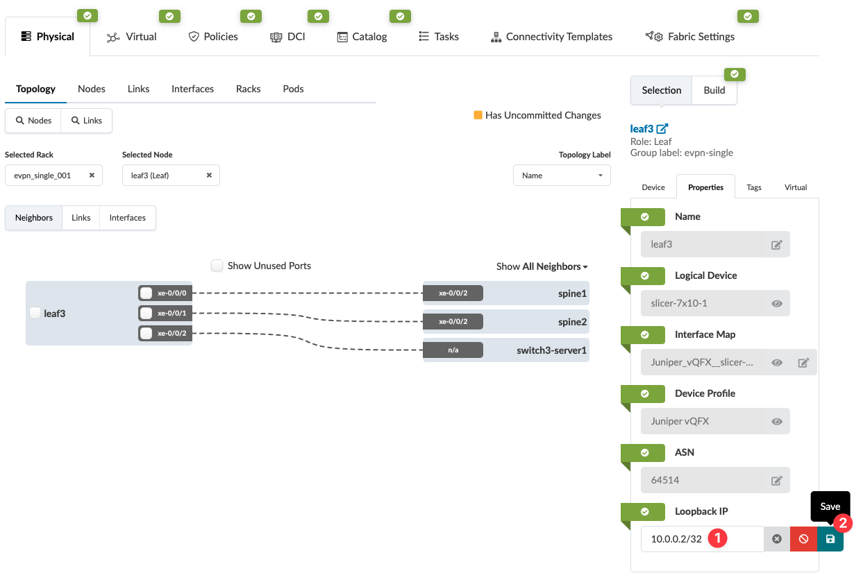 Network management interface screenshot showing leaf3 connected to spine1, spine2, and switch3-server1. Device properties: leaf3, slicer-7x10-1, Juniper_vQFX_slicer, Juniper vQFX, ASN 64514, Loopback IP 10.0.0.2/32. Notification of uncommitted changes with a red Save button indicating 2 pending changes.