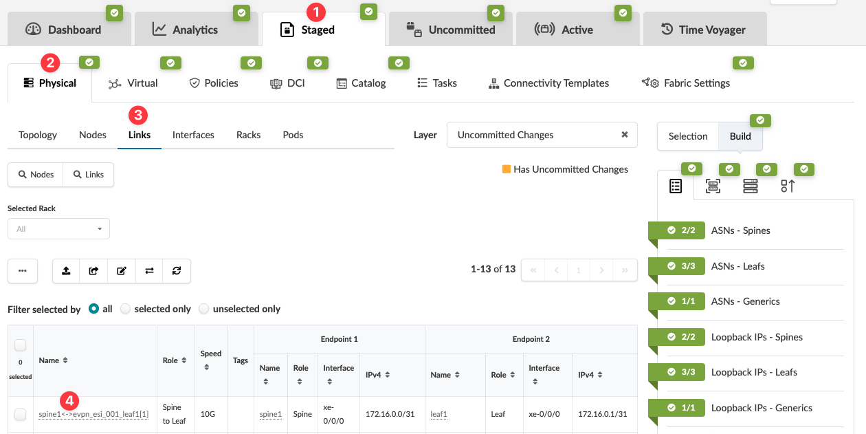 Network management interface showing tabs like Dashboard, Analytics, and Time Voyager, sections for configuration and monitoring, and a table detailing network links with endpoints and IPv4 addresses.