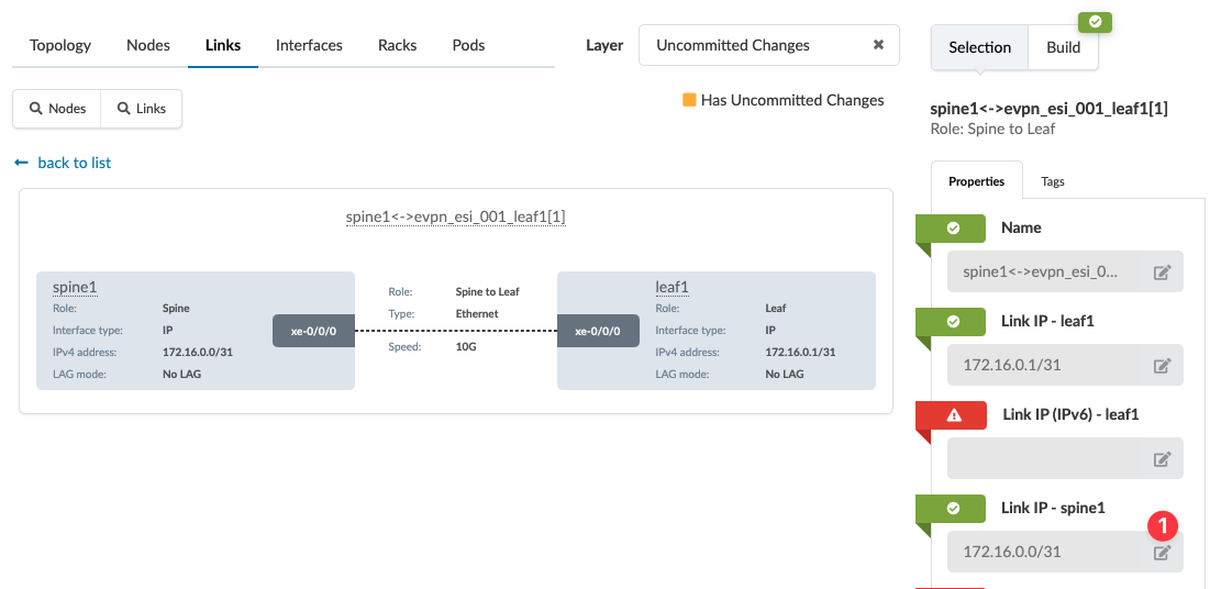Link between spine1 and leaf1 with 10G Ethernet speed. IPv4 is valid; IPv6 warning on leaf1. Uncommitted changes present.