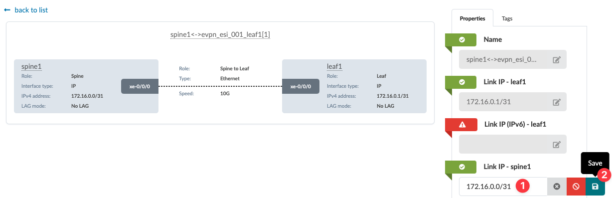 Network configuration interface showing a 10G connection between spine1 (172.16.0.0/31) and leaf1 (172.16.0.1/31) with no LAG. IPv6 field for leaf1 is empty and marked with a warning.