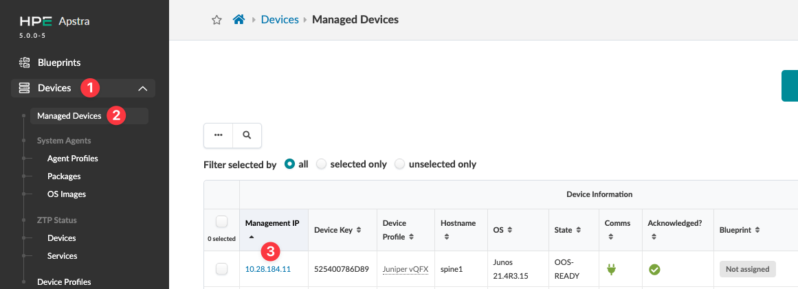 HPE Apstra interface showing Managed Devices section with a table listing network devices, including columns for IP, hostname, OS, state, and blueprint status.