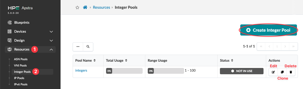 Screenshot of Juniper Apstra interface Integer Pools section showing a table with pool details and a Create Integer Pool button.