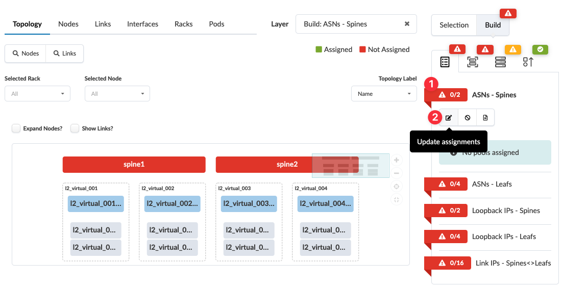Network topology configuration interface showing nodes and links. Spine nodes spine1 and spine2 with virtual nodes beneath. Red and green icons indicate assignment statuses. Red warning icons show incomplete assignments. 'Update assignments' tooltip visible.