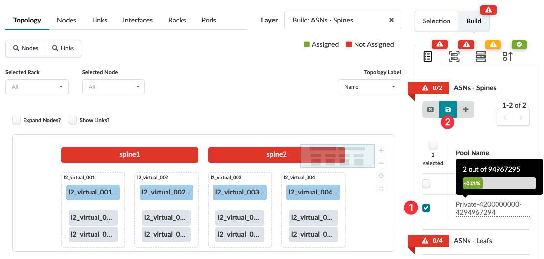 Network topology management interface showing two spine nodes with virtual nodes, current layer labeled Build: ASNs - Spines, status indicators for assignments, pool usage bar displaying 2 out of 94967295, and tools for editing and assigning resources.