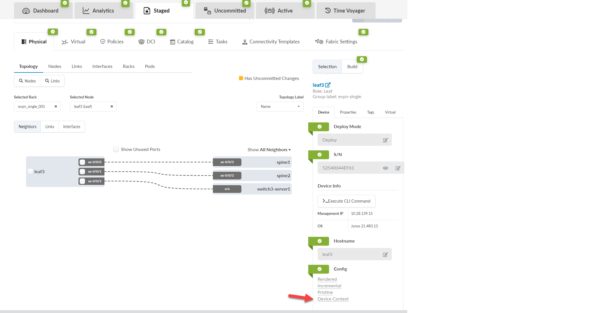 Network management interface showing a physical topology. Device leaf3 connects to spine1, spine2, and switch3-server1 via interfaces xe-0/0/0, xe-0/0/1, and xe-0/0/2. Device context option is highlighted.