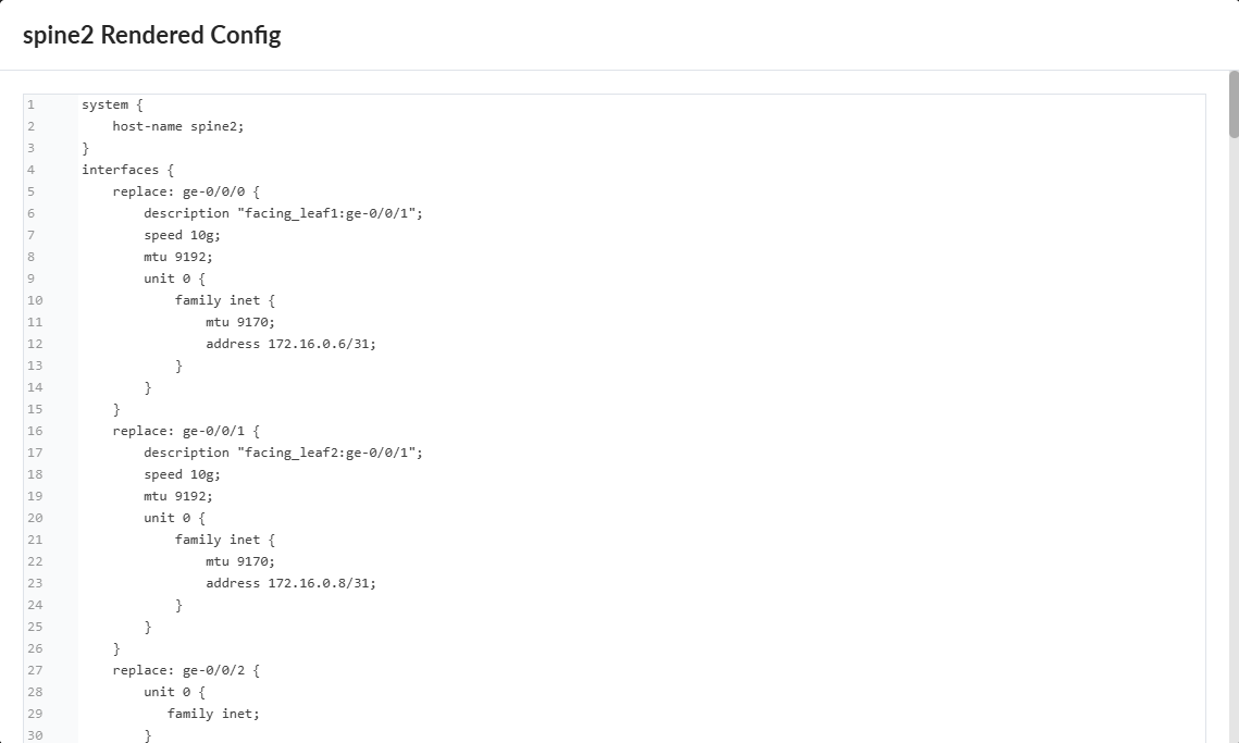 Configuration file for spine2 network device showing Juniper-style syntax. Includes system hostname, interfaces ge-0/0/0, ge-0/0/1, ge-0/0/2 with descriptions, 10g speed, MTU settings, and IPv4 addresses for a spine-leaf topology.