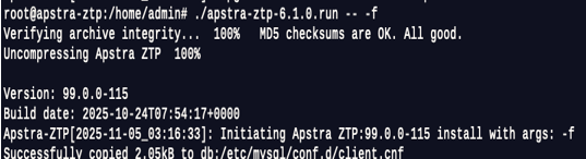 Terminal interface showing Apstra ZTP installation progress with command execution, version 99.0.0-115, and file copying details.
