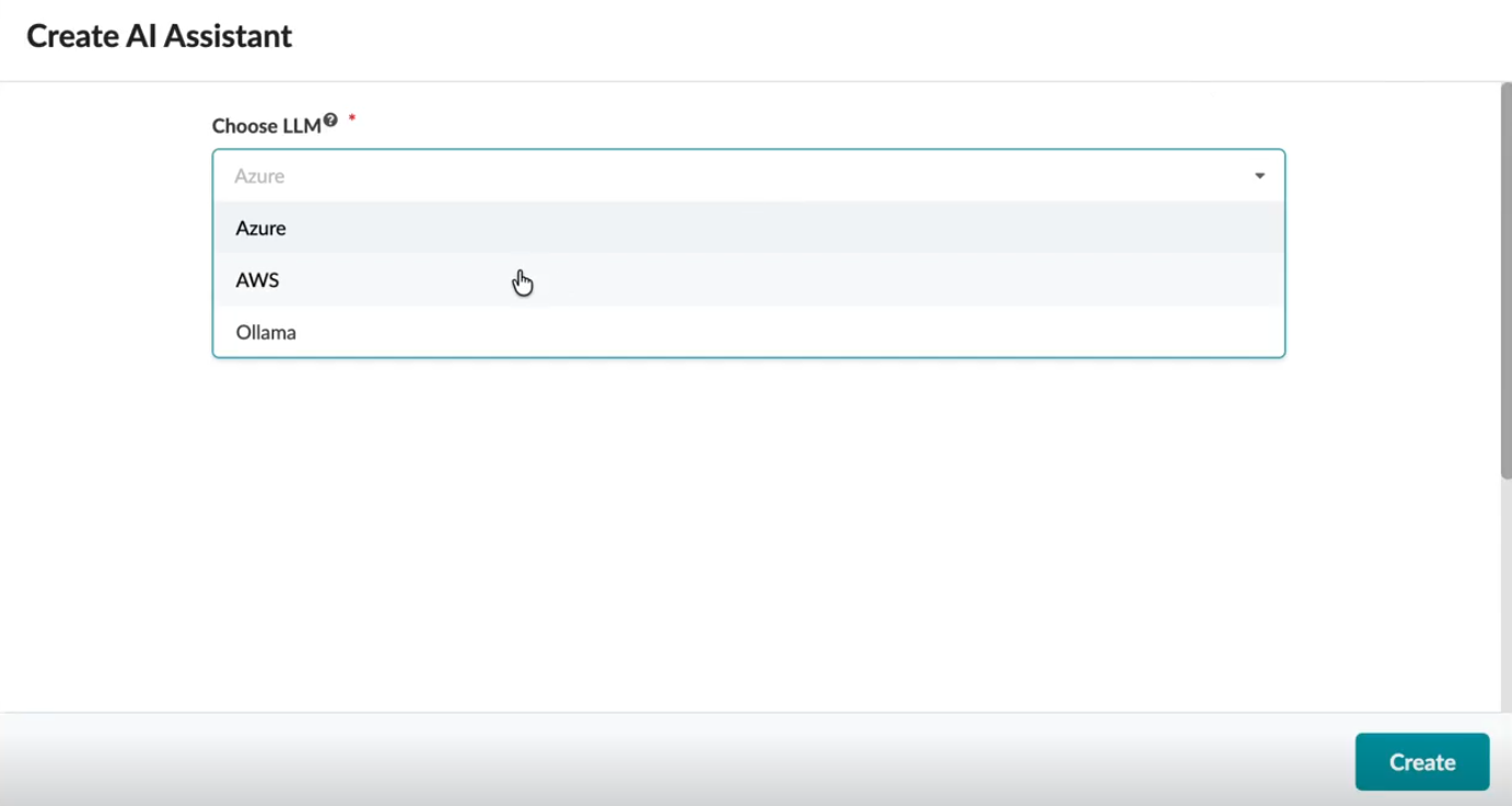 User interface for creating an AI assistant with a dropdown menu labeled Choose LLM, options Azure, AWS, and Ollama, and a cursor pointing to Azure. Create button at bottom right.