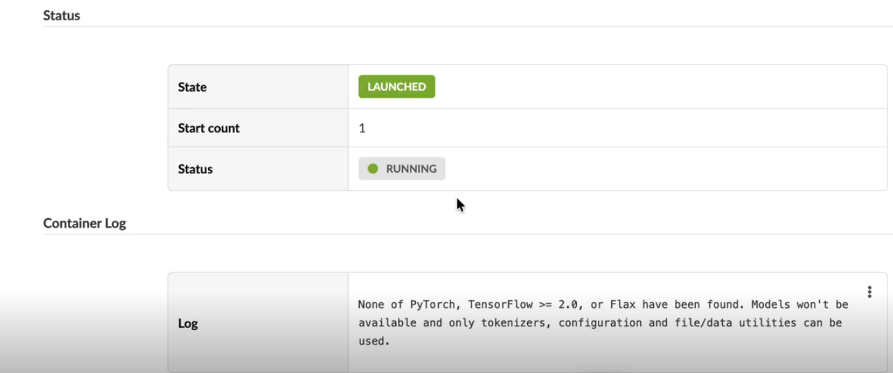 Status dashboard showing application state as launched and running with a green dot, start count of 1, and a log warning about missing dependencies PyTorch, TensorFlow 2.0, and Flax.