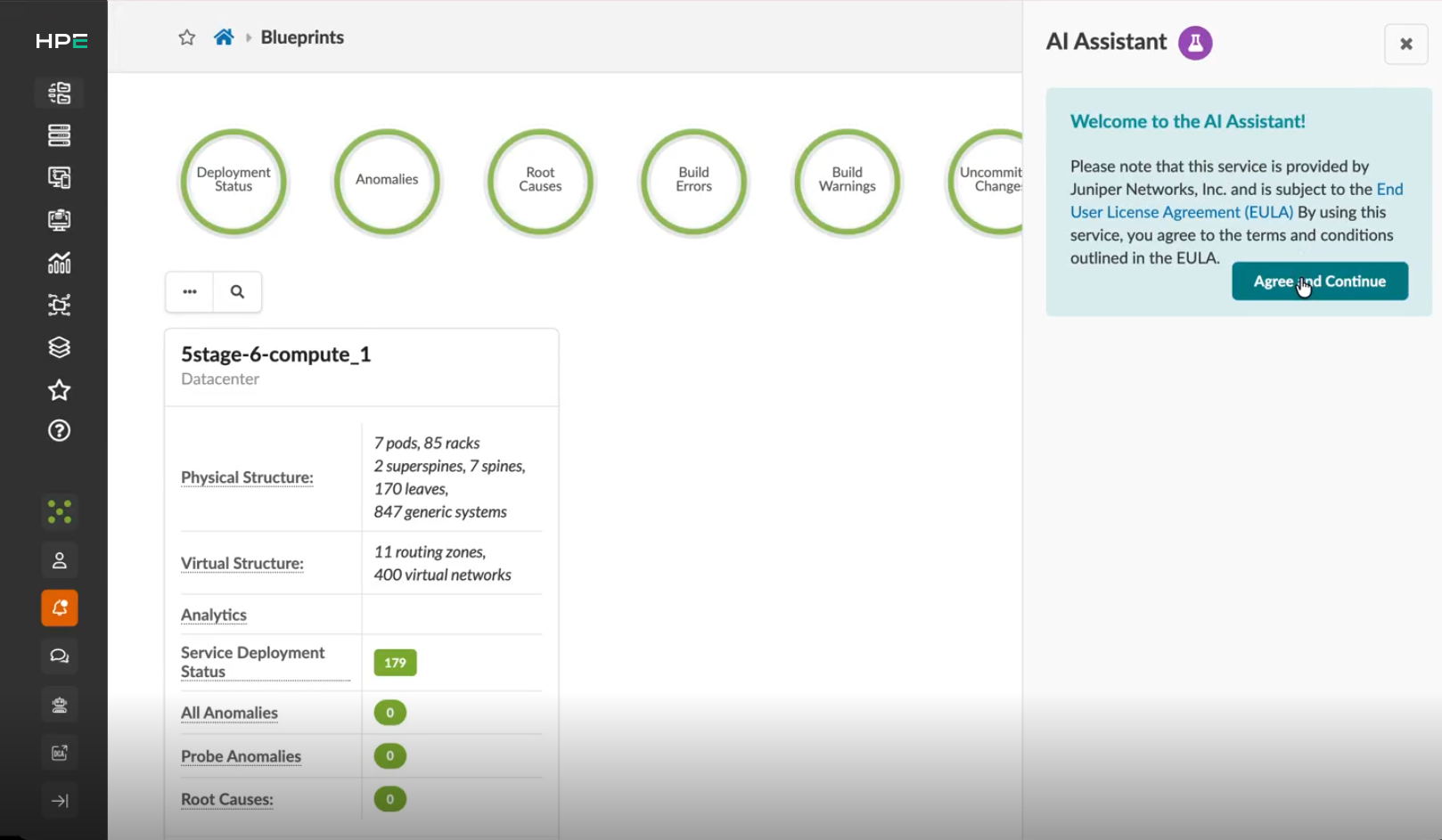 User interface for data center management showing a header titled Blueprints, green circular icons for deployment status and issues, details of physical and virtual structures, analytics data, AI Assistant panel with agreement button, and a sidebar menu for navigation.