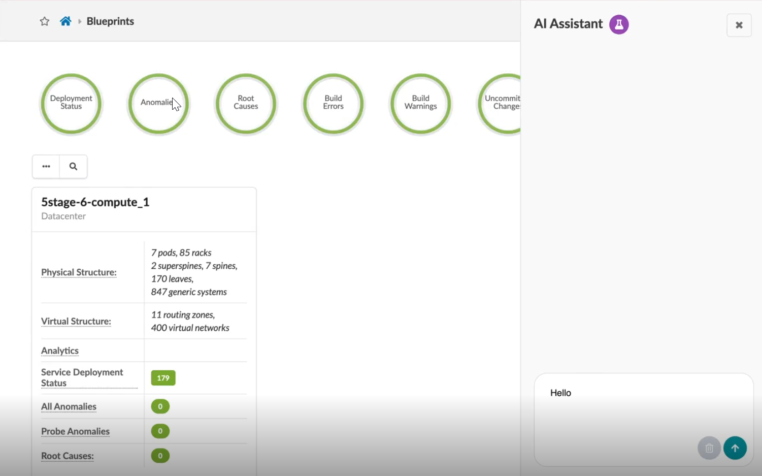 Dashboard interface for monitoring datacenter with deployment status, anomalies, root causes, build errors, and warnings all marked as resolved. Datacenter details include 7 pods, 85 racks, 2 superspines, 7 spines, 170 leaves, 847 systems, 11 routing zones, and 400 virtual networks. Metrics show no anomalies or root causes. AI Assistant sidebar with text input visible.